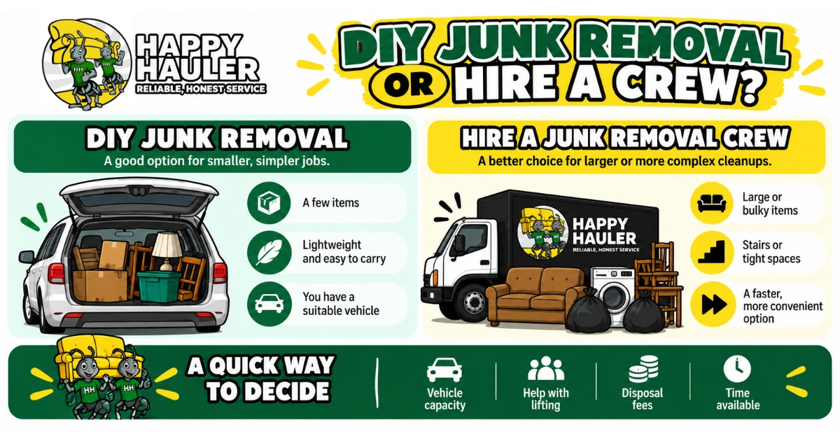 Infographic comparing DIY junk removal with hiring a junk removal crew, with a quick way to decide.